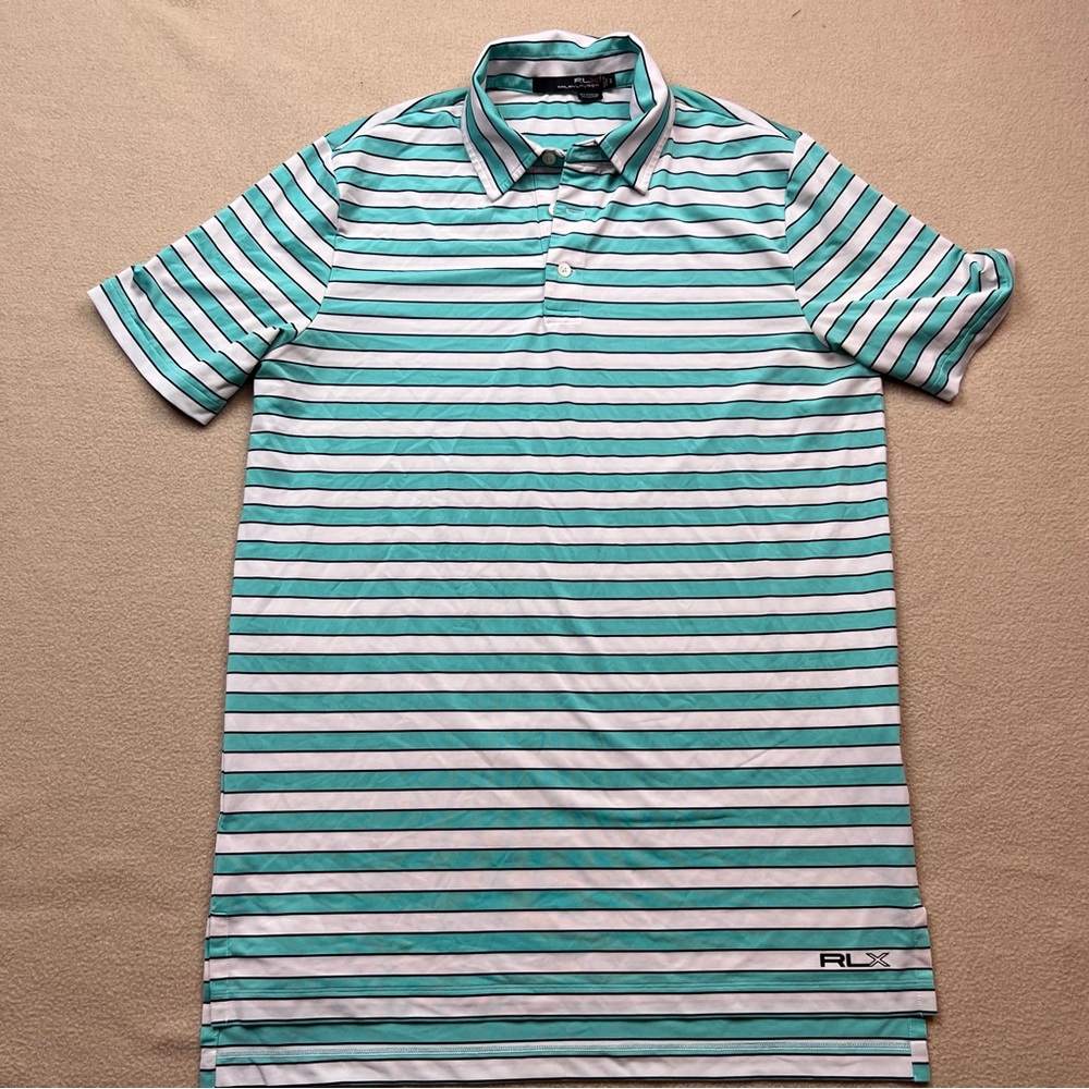 RLX Ralph Lauren Polo Shirt Mens Small Green White Striped Golf Performance